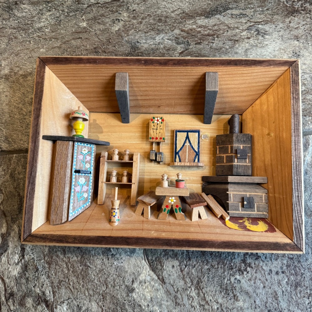 Handcrafted Miniature Wooden Wall Shelf Scene in Brown and Natural